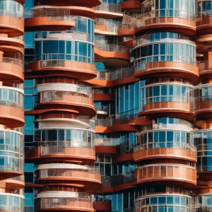 a tall circular skyscraper with glass and balconies and a rectan...