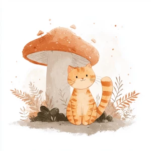 Playful orange tabby cat under mushroom, cute kawaii art, pastel...