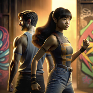 Athletic Thin skinny Attractive, Asian teenage girl, long brown hair and bangs, wearing tight skinny jeans and a halter top paint marks on her clothing, heroic pose Asian graffiti background, backside view