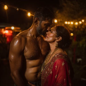 A muscular, sweaty Indian man standing in a corner of a garden w...