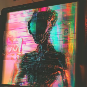 Depict a glitchy alien cyborg composed of VHS static and pixelated imagery intertwined with retro circuitry, all flickering on an aged CRT monitor, infused with the aesthetic of a 1980s 1292 Advanced Programmable Video System.