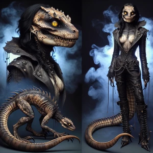 intensely detailed macabre conjuring of a demonic anthropomorphic lizard, had the face of a gorgeous woman with lizard scales,with the body of a woman with lizard tail, she's adorned in gothic leather jumpsuit, kneehigh boots with chains, black souless eyes with yellow cat slit scleras, stitched face, emerging from glowing ectoplasmic fog,The artwork
captures fine
details and
intricate textures,
resulting in a
stunning work of
art.