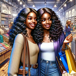 two African American lady's shopping, wavy wet hair, photo, illu...