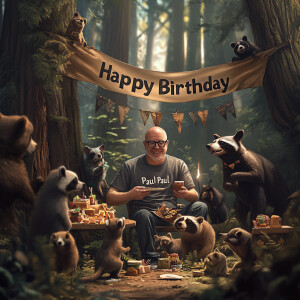 Generate a photorealistic image of a birthday party in a dense f...