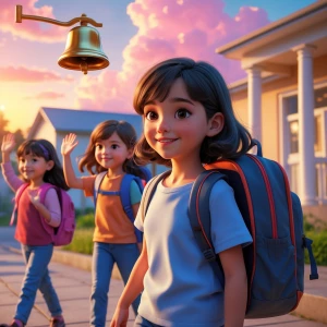 School bell ringing in the background, children waving goodbye....