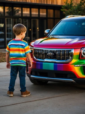 A father and his young child standing in front of a 2024 Kia Tel...