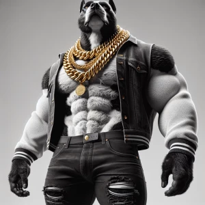 Create a hyperrealistic 3D rendering of a muscular, imposing Bla...