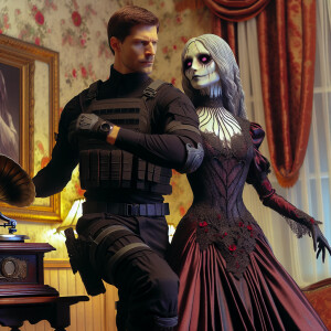 Leon and Dimitrescu dancing together