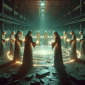 "In the dim glow of the abandoned factory's flickering lights, a...