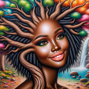 Create a close-up, hyper-realistic 3-D oil painting of a tree wi...