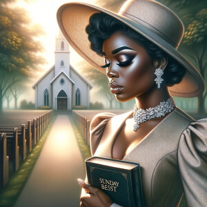 Render an airbrush oil painting of an African American woman with flawless makeup in a
contemplative pose, holding a Bible close to her heart, dressed in an elegant Sunday Best
outfit with a distinctive Church Hat. The background features a peaceful church garden,
with light filtering through the trees, highlighting her spiritual connection and the personal
moment of reflection. The artwork should capture the tranquility of the scene, the beauty
of her attire, and the depth of her contemplation, reflecting a serene and spiritually