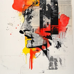 Dadaist typographic collage with newspapers, ink splashes and ab...