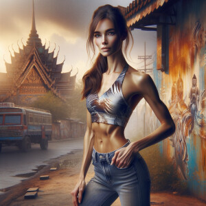 Athletic Thin skinny Attractive, Asian teenage girl, long brown hair and bangs, wearing tight skinny jeans and a halter top paint marks on her clothing, heroic pose Asian graffiti background, backside view