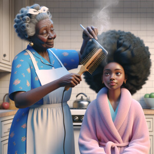 Create a realistic 3-D image of an african-American grandmother wearing a blue house dress and a white apron . She is in the kitchen with her african-American granddaughter. Her granddaughter is wearing a pink bath robe. The grandmother has a hot comb in her hand and she is straightening her granddaughters hair. One side of her granddaughters hair is in  a Afro the other straight 
There is smoke coming from the hot comb
The granddaughter is making a face as if to say grandma that hurt