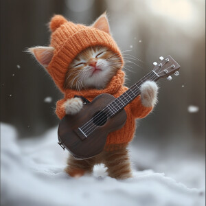 Oranye kitten playing guitar