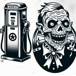 An evil cartoonish gas zombie attendant, standing next to a gas...