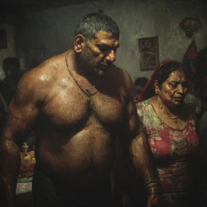 hyperrealism painting,a muscular beefy criminal kashmiri man wal...