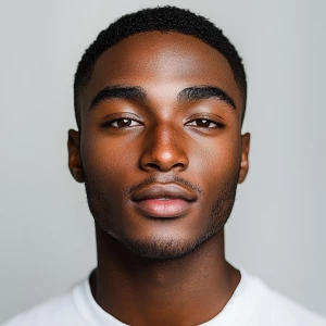 A 22-year-old African American man with dark skin, a clean-shave...