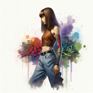 Athletic Thin skinny Attractive, Asian teenage girl, long brown hair and bangs, wearing tight skinny jeans and a halter top paint marks on her clothing, heroic pose Asian graffiti background, side view