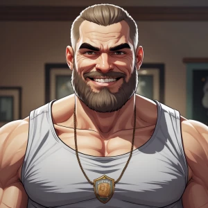 White muscular thin man with beard, big chin, smile and cheekbon...