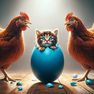 3 brown chickens look with frightened eyes at a blue egg from wh...