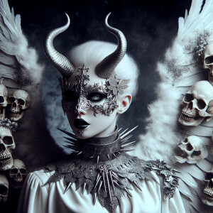 a dark figure that embodies a mixture of angel and demon. Wearin...