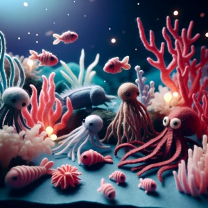 A whimsical stop-motion underwater scene where a group of felted sea creatures swim through a backdrop of softly glowing coral. The characters’ smooth, fluid movements and intricate designs give the scene a lively and dynamic feel.