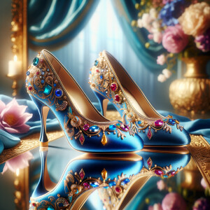 Imagine a pair of enchanting shoes, each a mirror image of the other, placed gracefully upon a regal surface. They are bathed in the soft, diffuse light that casts gentle reflections upon their silk fabric. These shoes are no ordinary footwear; they are a masterpiece of vibrant royal blue, adorned with ornate golden filigree and a multitude of glittering jewels in various hues—rubies, sapphires, emeralds, and delicate pink diamonds. Each shoe boasts an elegant, curved heel in a matching vivid blue, with tiny red and blue gems accenting the base. The shoes are positioned against a backdrop of soft-focus flowers, their pastel colors complementing the rich tones of the shoes, with hints of gold framing providing a touch of opulence. This image captures the essence of a fairy tale brought to life, a visual symphony of color and splendor.