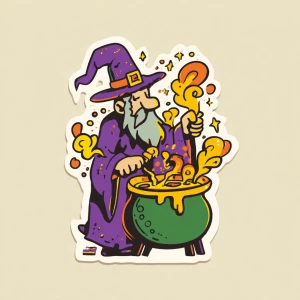 cartoon wizard character stirring bubbling cauldron of coffee wi...
