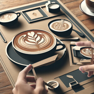 Detailed close-up of a steaming hot latte in a ceramic cup, plac...