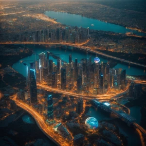 Create an image of Earth in 8832 showcasing ultra-modern cities...