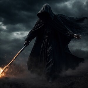 A menacing Grim Reaper with tattered black robes, sharp scythe,...