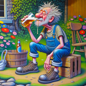 funny grey-haired, disheveled old man, in dungarees and a T-shir...