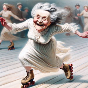 This is a caricature-style painting of an elderly Queen of Wales...