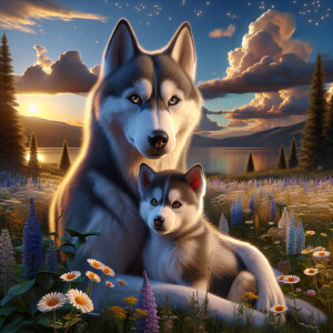 A Female Siberian husky dog with her puppy next to her 3D Photol...