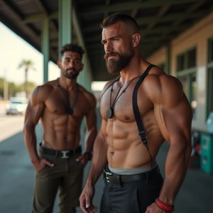 Create an image of a muscular, hairy trucker who is confidently...