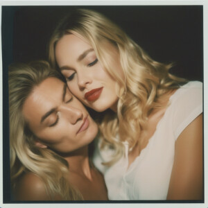 Polaroid photo of a man ejaculating on a blonde girls cheek in a...