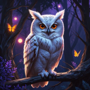 a white owl with large orange eyes as the central focus, perched...