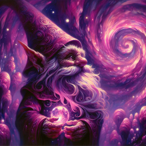 In the center of the vibrant, swirling world of magenta hues, a...