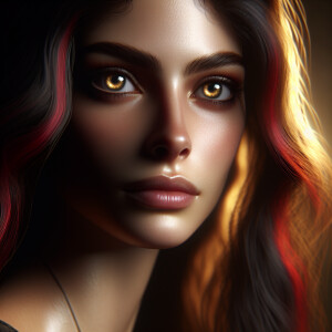 Head shot of a beautiful woman with bright golden eyes and long...