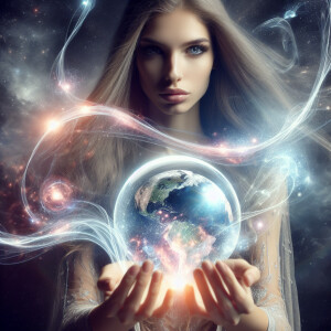 Женщина маг материалиющая мир в пузыре напротив нее, от нее идут...