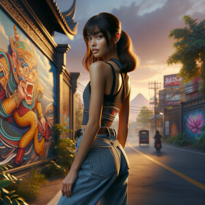 Athletic Thin skinny Attractive, Asian teenage girl, long brown hair and bangs, wearing tight skinny jeans and a halter top paint marks on her clothing, heroic pose Asian graffiti background, backside view