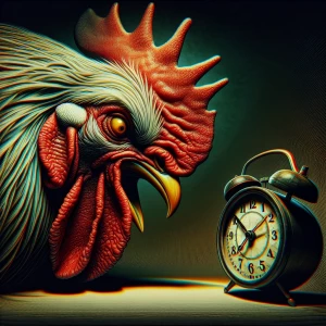 Anamorphic rooster with an exaggerated menacing expression looki...