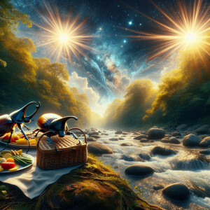 2 Beetles having a picnic by 2 creeks, 2 suns in the sky, ultra-...