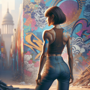 Athletic Thin skinny Attractive, Asian teenage girl, long brown hair and bangs, wearing tight skinny jeans and a halter top paint marks on her clothing, heroic pose Asian graffiti background, backside view