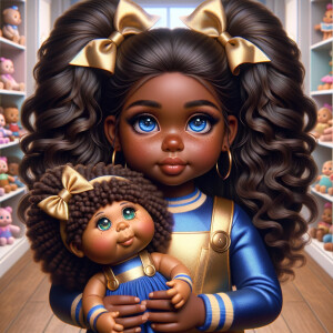 Create a 3-D image of an african-American little girl inside of a medium size, toy store. The little girl has thick long, ponytails and huge blue eyes. She has on a gold and blue jumpsuit with matching bows, She is playing with her favorite african-American cabbage patch doll, the doll has deep, dimples, and freckles and looks just like her