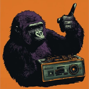 Gorilla turning on a boombox with its finger