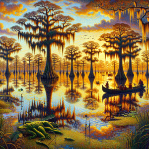 Create an image that captures the essence of Louisiana's verdant...