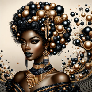 Imagine a digital portrait of a light skinned African-American Latino regal woman named KAREN Her attire and accessories are exclusively adorned with black and gold pearls. They grace her voluminous hair, styled in an elegant updo, where the black pearls form the roots and the gold pearls create the stunning curls. Her ears boast chandelier earrings, with black pearls clustered at the top, transitioning to gold pearls that dangle with delicate grace. Around her neck, a tiered necklace cascades with strands of alternating black and gold pearls, reflecting a sophisticated contrast.

Her shoulders are draped with a luxurious off-shoulder gown, the fabric's weave incorporating intricate patterns formed by black and gold pearls. The gown's texture has a subtle sheen, suggesting a high-quality material with a pearlescent finish. As a centerpiece, a grand brooch sits at her collar, with a large gold pearl surrounded by an elaborate design of smaller black pearls.

The background of the portrait features an abstract composition of floating pearls, swirling in a dance of shadows and light, emphasizing the color theme of black and gold. The name "KAREN" is discreetly integrated into the lower right corner of the artwork, blending seamlessly with the design, as if it were a signature part of the jewelry ensemble. The overall effect is one of timeless elegance, a blend of modern design and classic beauty, all tied together by the luxurious palette of black and gold.