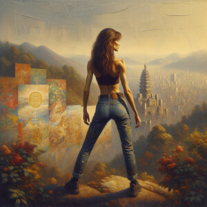 Athletic Thin skinny Attractive, Asian teenage girl, long brown hair and bangs, wearing tight skinny jeans and a halter top paint marks on her clothing, heroic pose Asian graffiti background, backside view